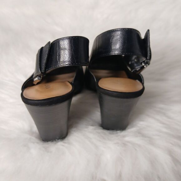 NINE WEST BLACK LEATHER OPEN TOE HEELS W/ CROSS OVER BUCKLE STRAP SIZE 8 1/2 - Picture 9 of 16